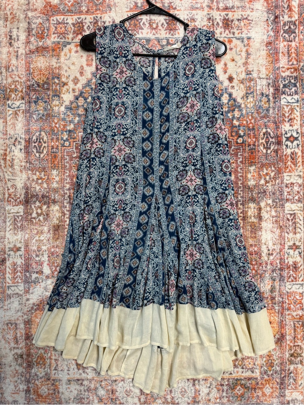 Altar'd State Blue Floral Paisley Mini Dress with Cream Hem